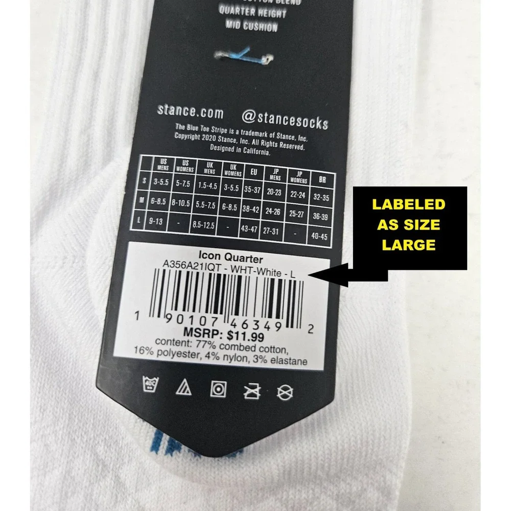 Stance Icon Cotton Quarter Socks White Men's SM (3-5.5) 1 Pair MISLABELED, NEW